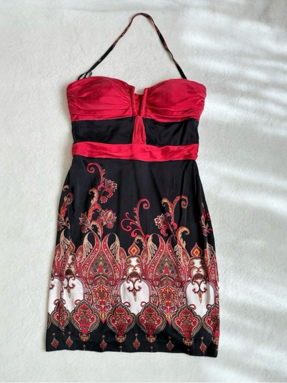 bebe Red and Black Strapless Paisley-Print Halter Dress